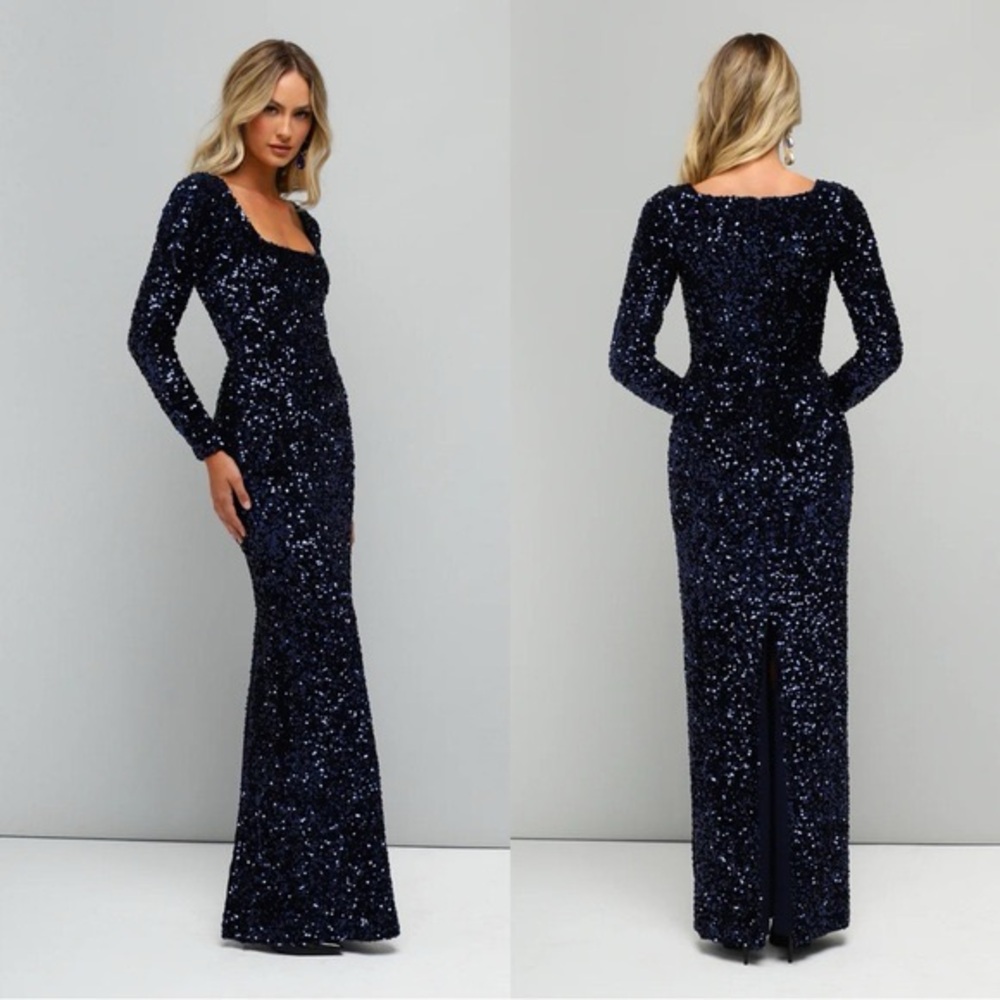 HELSI Jamie Square-Neck Sequin Velvet Column Gown in Black Size XS Preloved - Picture 1 of 8